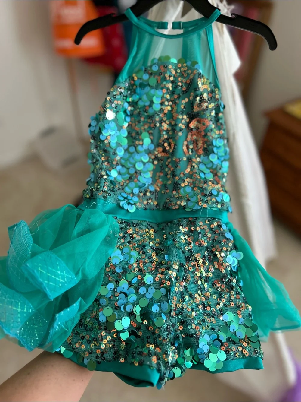 Weissman Dance Costume Turquoise Sequin Bustle Small Child Everyday Popstar